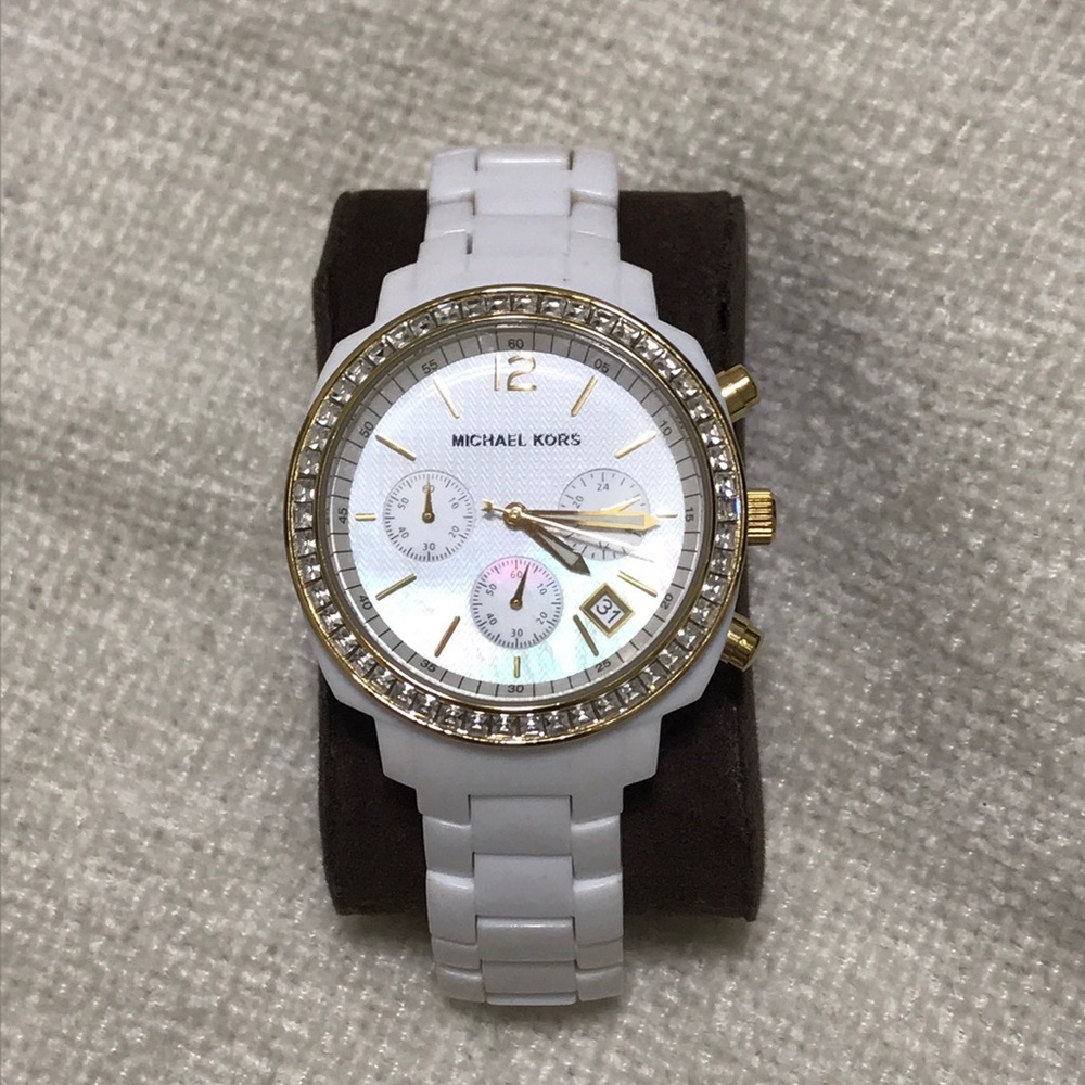 MK white ceramic watch with Swarovski crystals